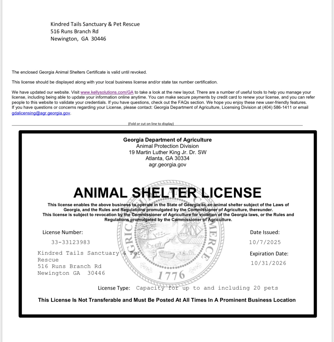 Georgia Department of Agriculture animal shelter license for Kindred Tails Sanctuary and Pet Rescue