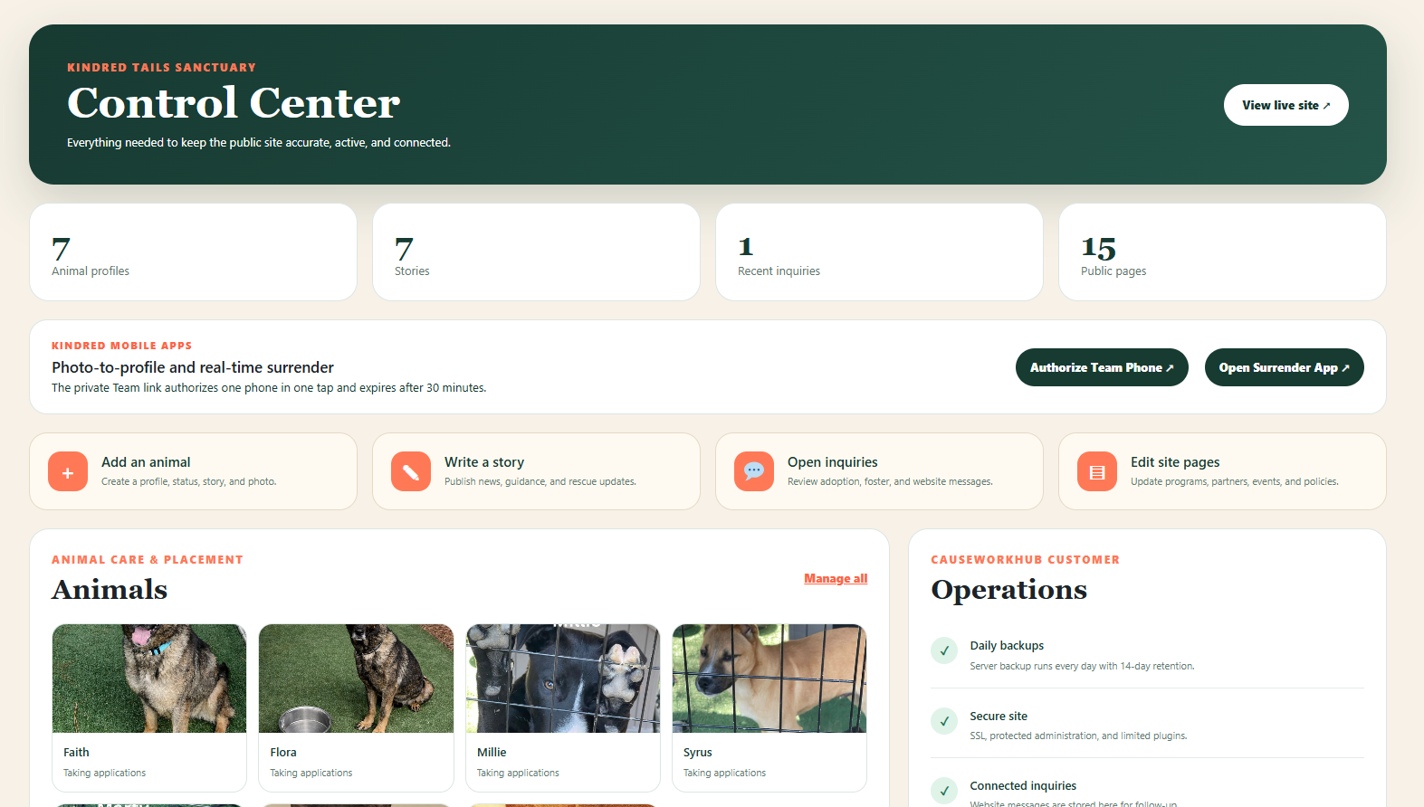 Kindred Tails website control center showing animal records, inquiries, and operations