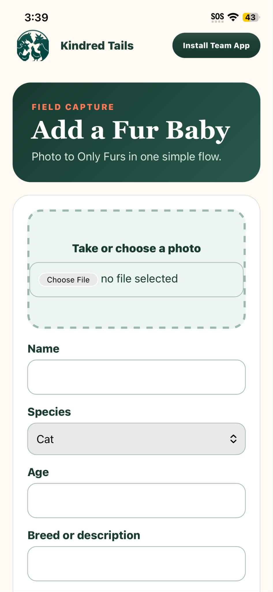Kindred Tails Team app animal intake screen