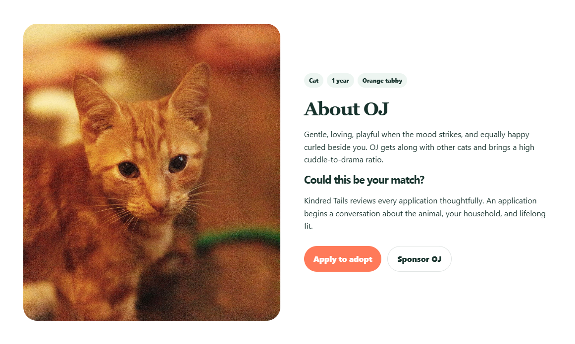 OJ animal profile created by the Kindred Tails Team app