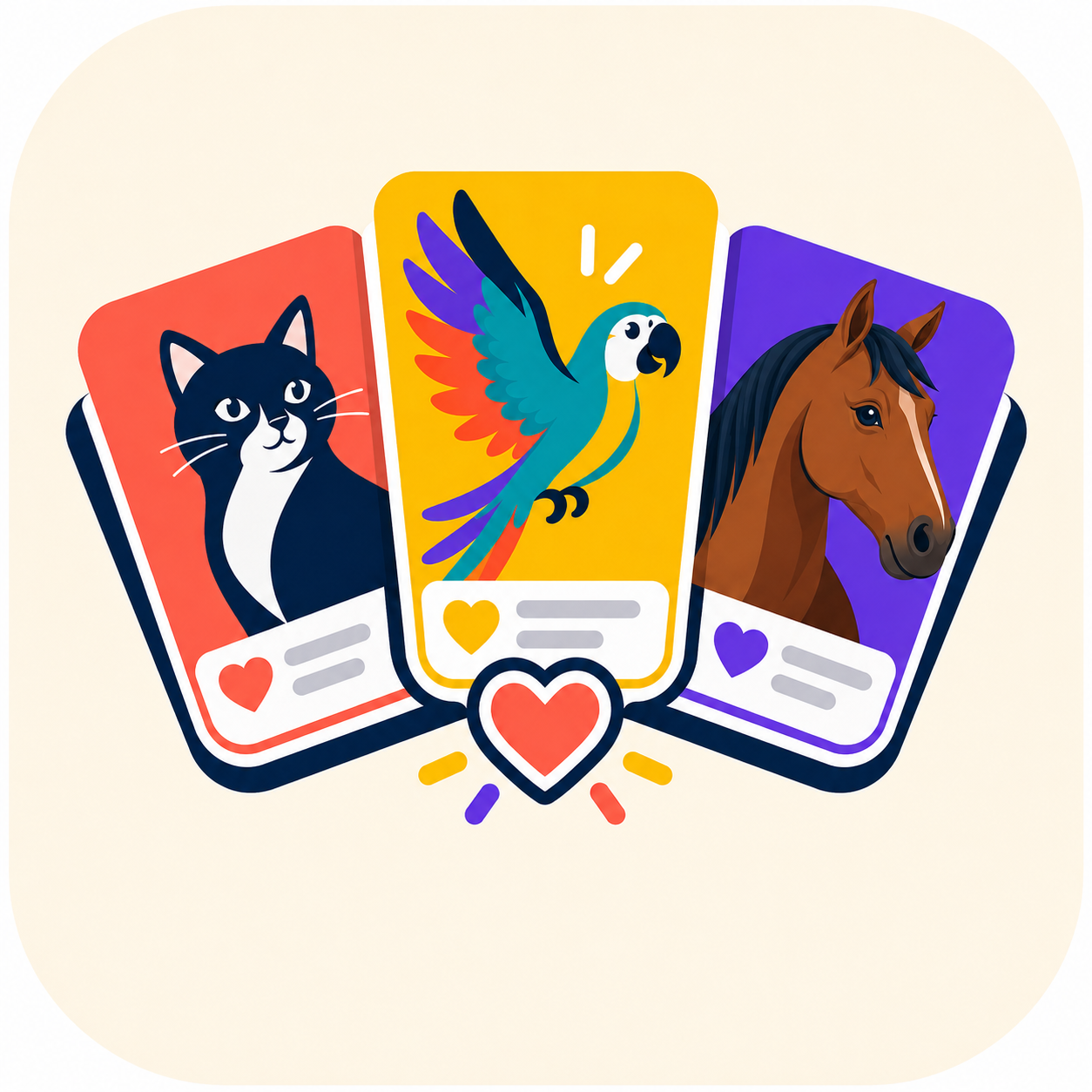 That’s My Pet app icon with cat, parrot, and horse adoption cards