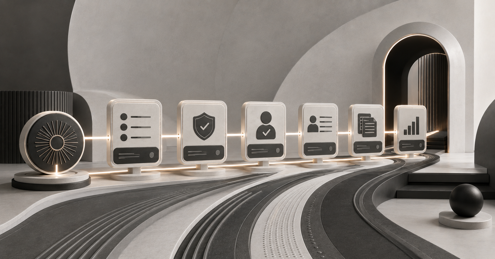 A funding source moving through connected requirements, approvals, people, evidence and documented results
