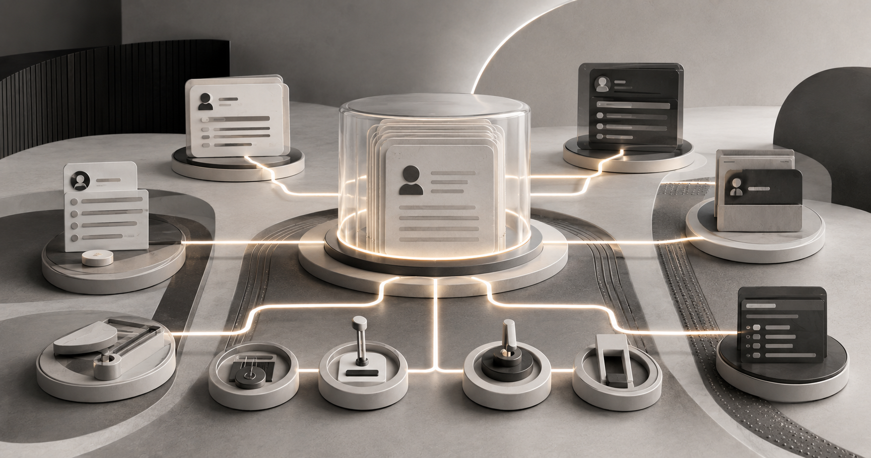 A protected central person record connected through controlled pathways to nonprofit forms, CRM profiles and case records