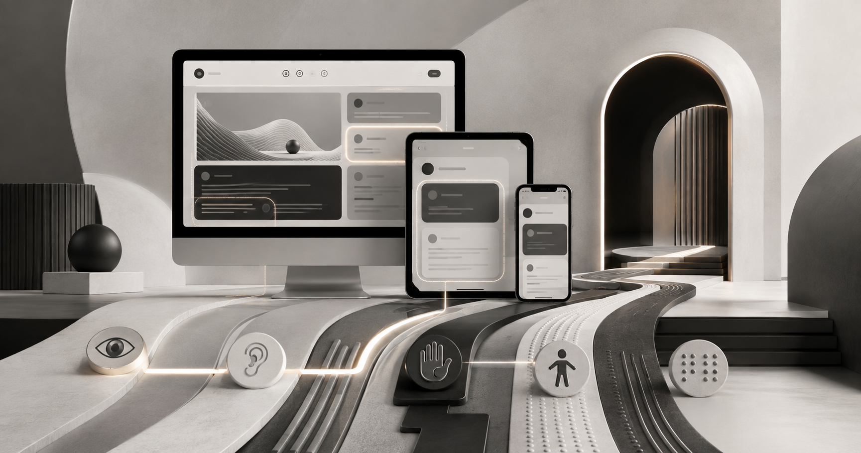 Connected desktop, tablet and mobile interfaces with accessible pathways leading to an open doorway