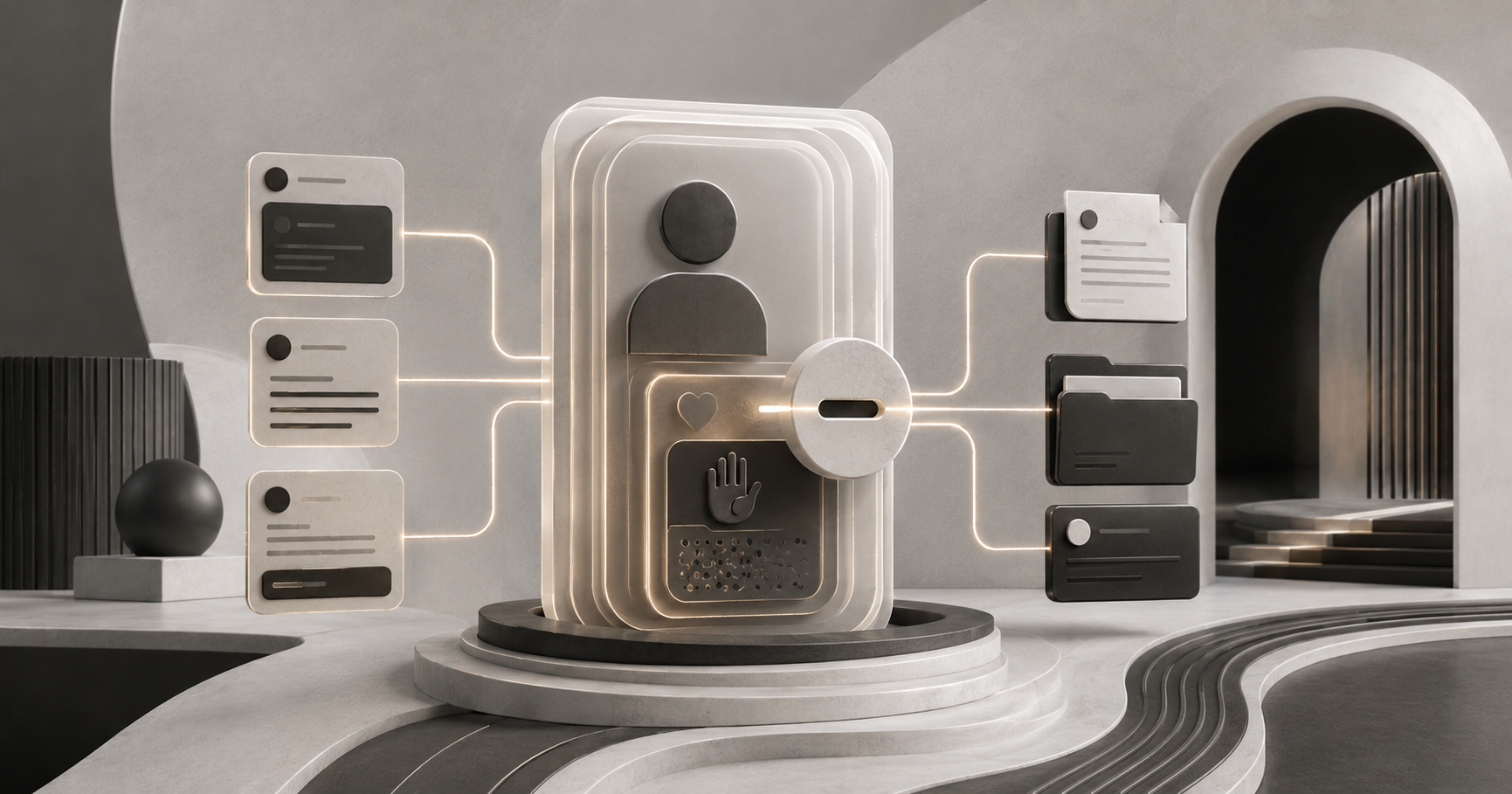 A layered person record with protected inner service information connected to controlled case files